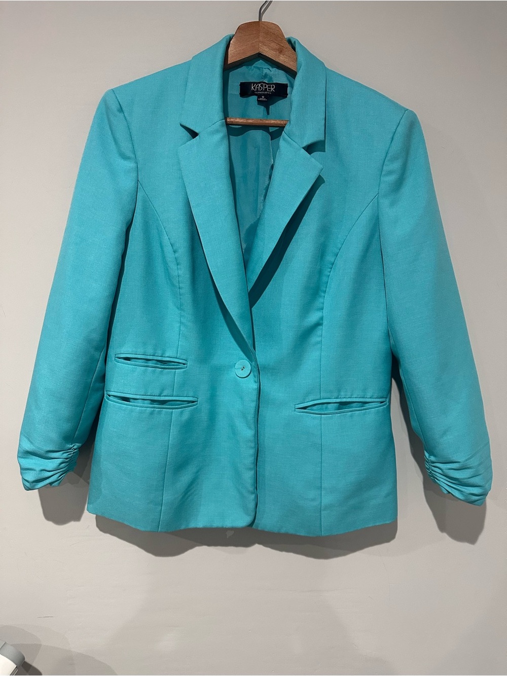 Kasper Separates Women’s Aqua Blue Blazer Jacket Ruched Sleeve Career Size 10 - Picture 2 of 6